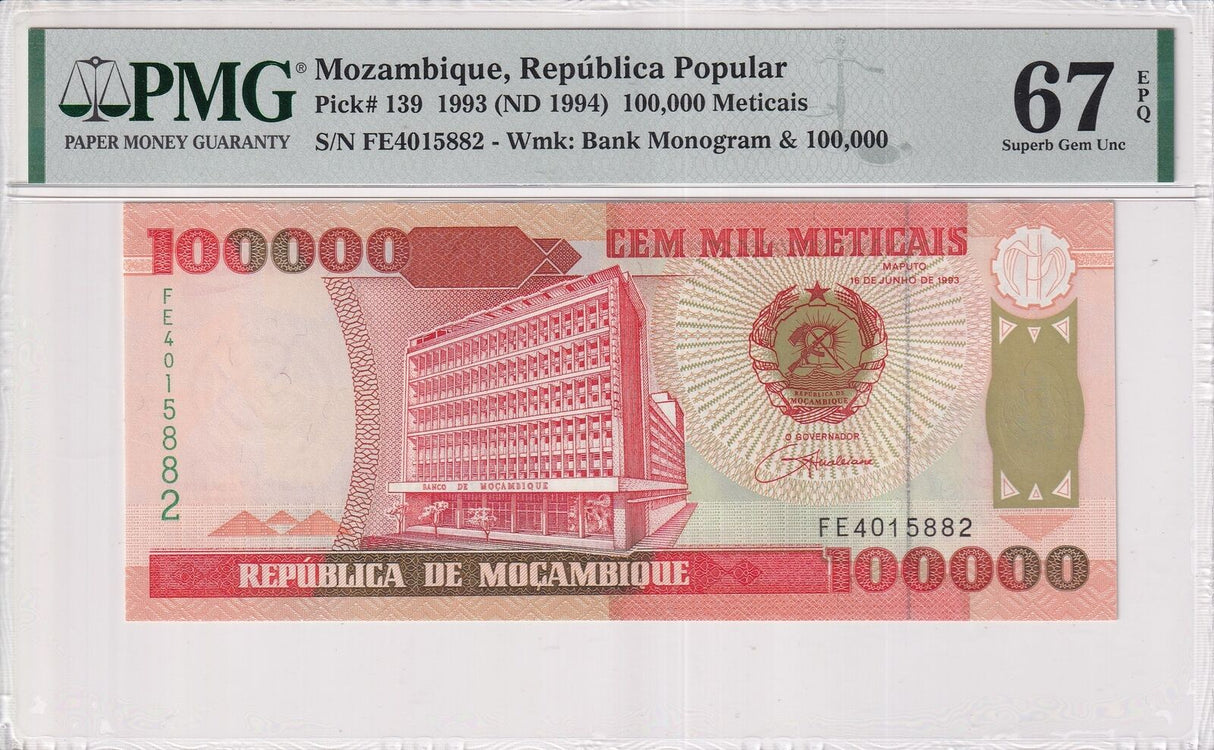 Mozambique 100000 Meticais 1993 P 139 Superb Gem UNC PMG 67 EPQ