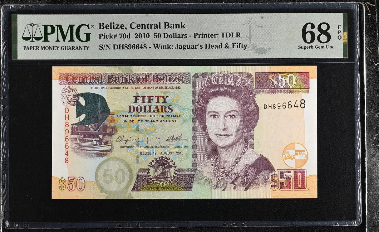 Belize 50 Dollars 2010 P 70 d QEII Superb Gem UNC PMG 68 EPQ TOP POP