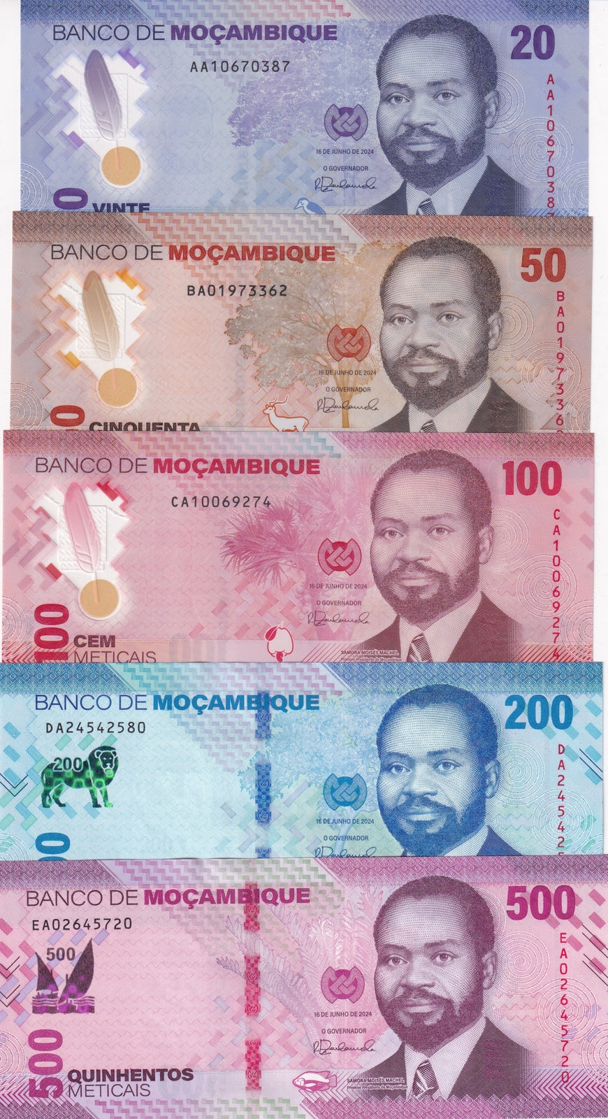 Mozambique set 5 UNC (20 50 100 Polymer) 200 500 Meticais 2024 P 155 - 159