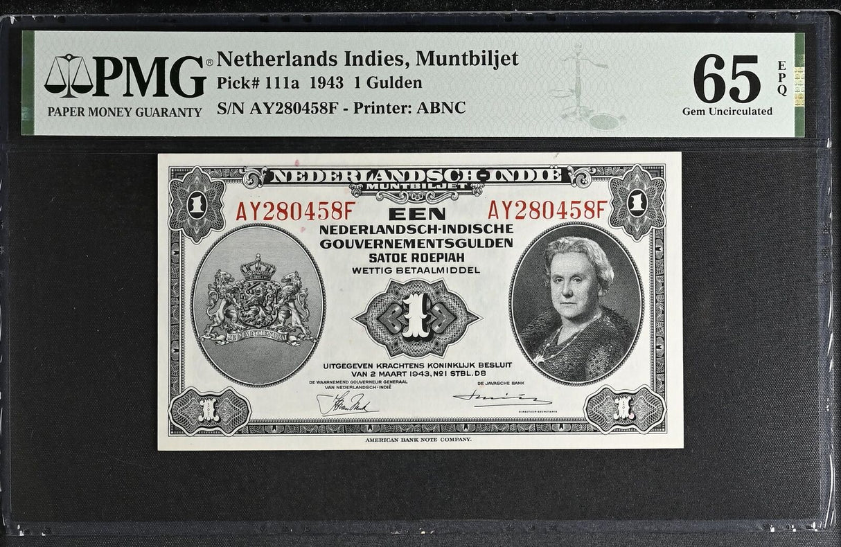 Netherlands Indies 1 Gulden 1943 P 111 a Gem UNC PMG 65 EPQ