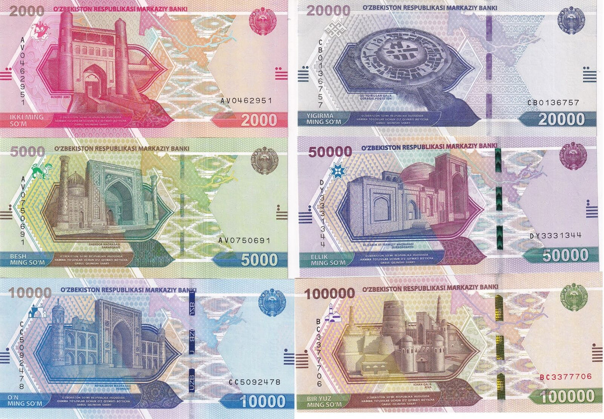 Uzbekistan Set 6 Pcs 2000 - 100000 Som 2021 2022 P 87 88 89 90 91 92 UNC