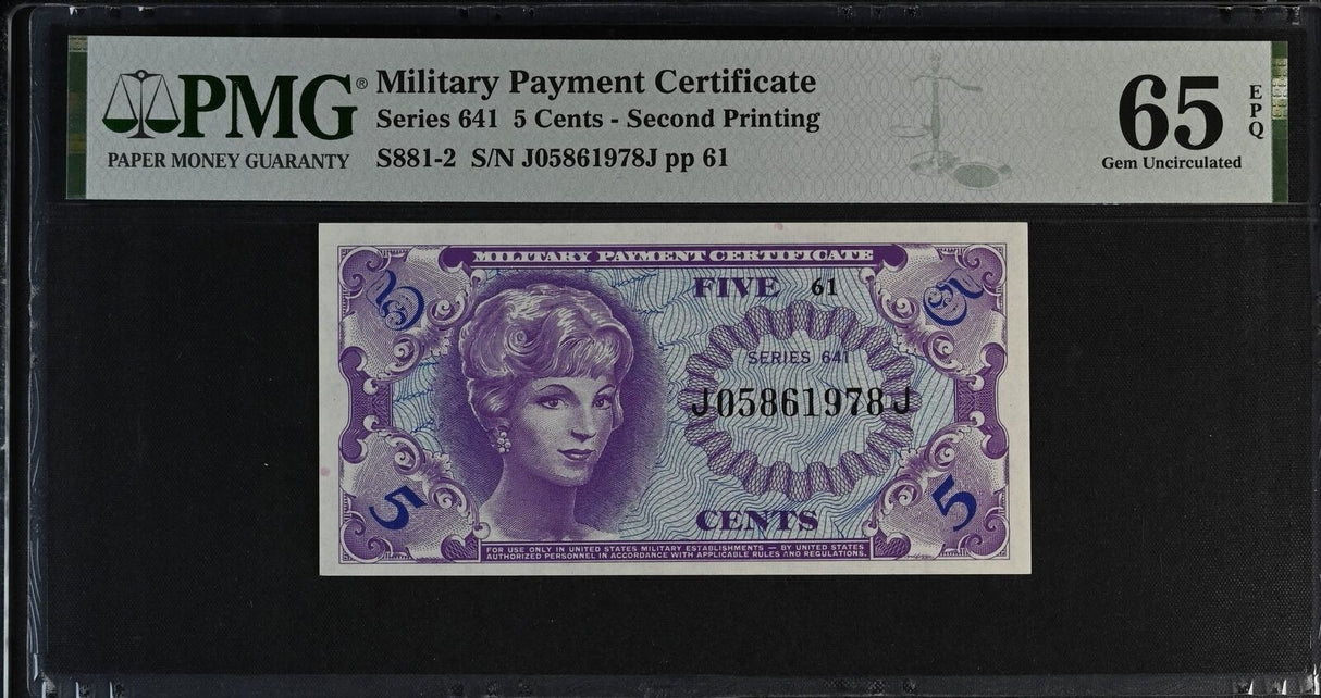 Military Payment Certificate 5 Cents 1965 P M57 USA Gem UNC PMG 65 EPQ