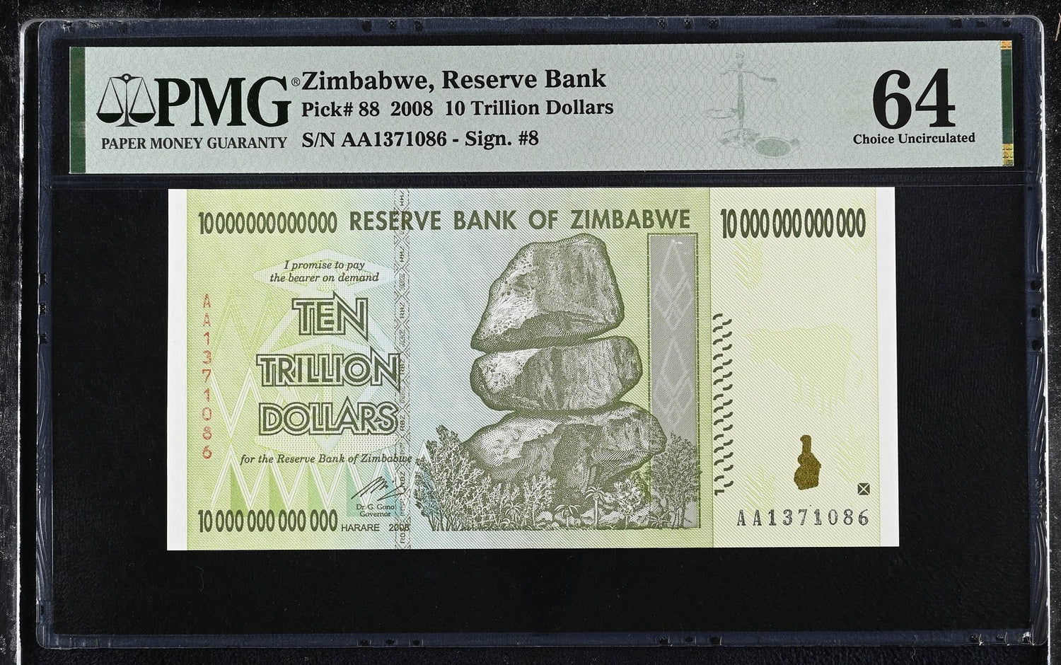 Zimbabwe 10 Trillion Dollars 2008 P 88 Choice UNC PMG 64