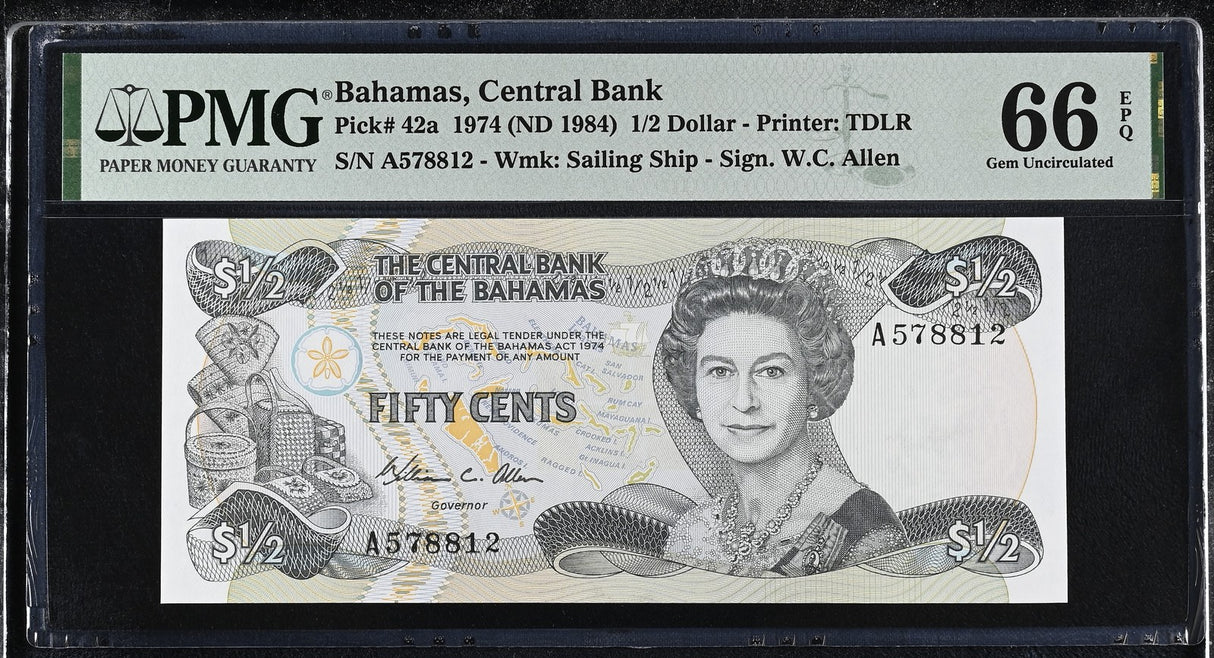 Bahamas 1/2 Dollar 1974 ND 1984 P 42 a Gem UNC PMG 66 EPQ