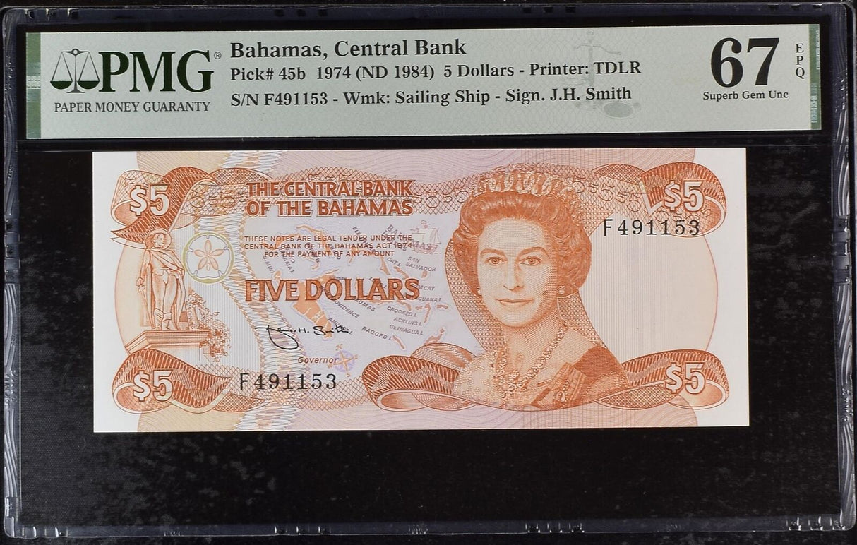 Bahamas 5 Dollar 1974 ND 1984 P 45 b Superb Gem UNC PMG 67 EPQ