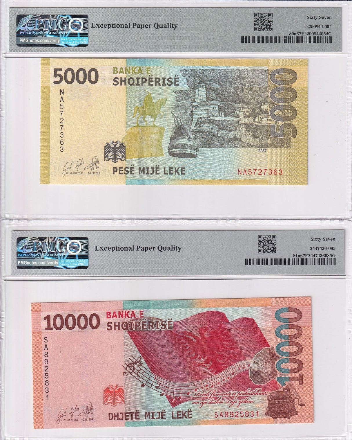 Albania Set 2; 5000 10000 Leke 2017 2019 P 80 P 81 Superb Gem UNC PMG 67 EPQ
