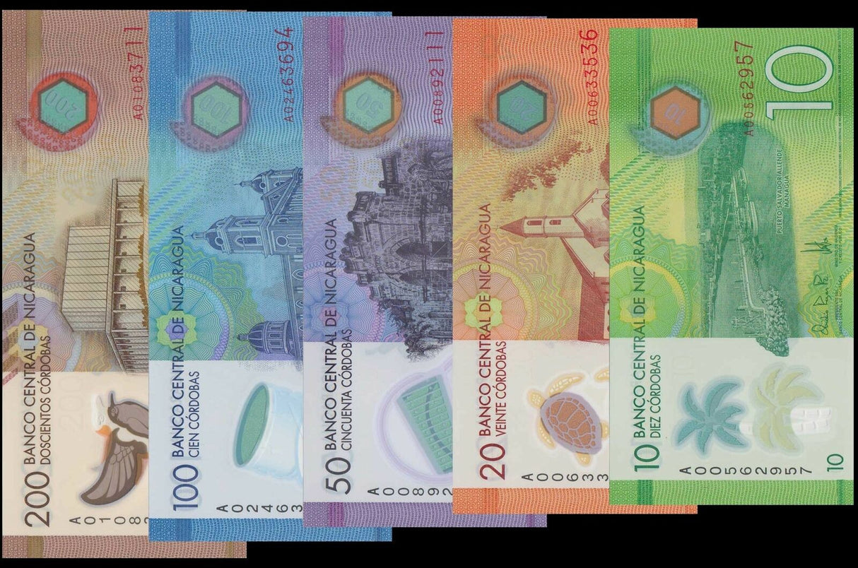 Nicaragua Set 5 Pcs 10 20 50 100 200 Cordobas 2014- 2022 Polymer P 209 - 213 UNC