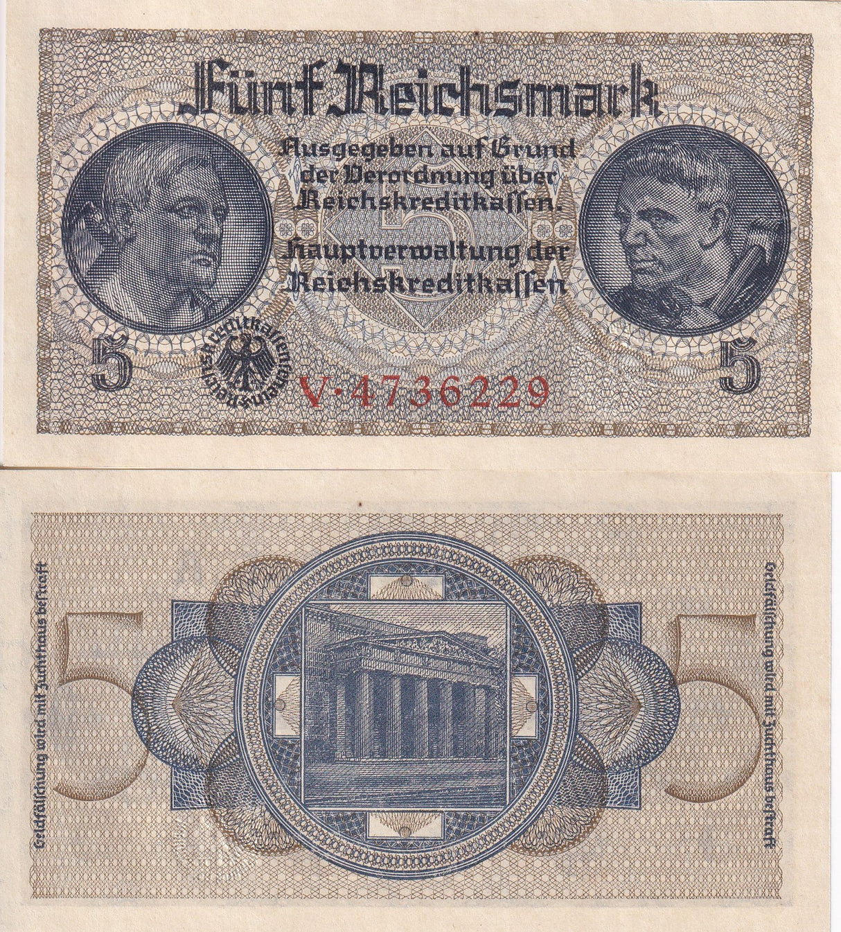 Germany Reichsbank 5 Reichsmark 1940-1945 P R138 a AU-UNC