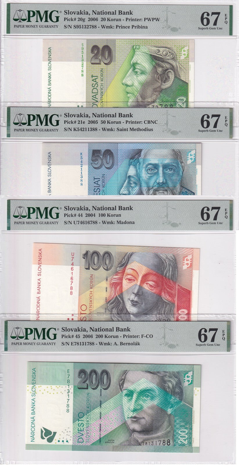 Slovakia Set 4; 20-100 200 Korun 2004-2006 P 20 21 P 44 45 Superb UNC PMG 67 EPQ