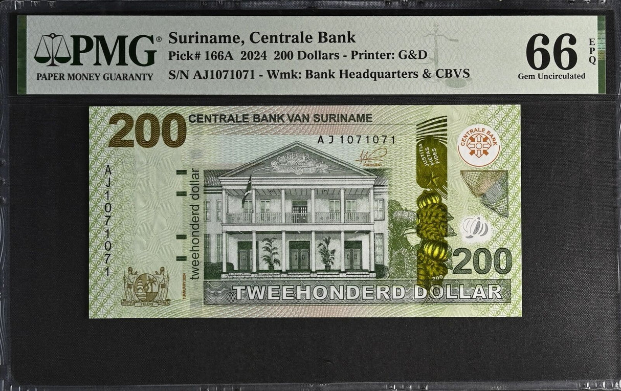 Suriname 200 dollars 2024 P 166A Gem UNC PMG 66 EPQ
