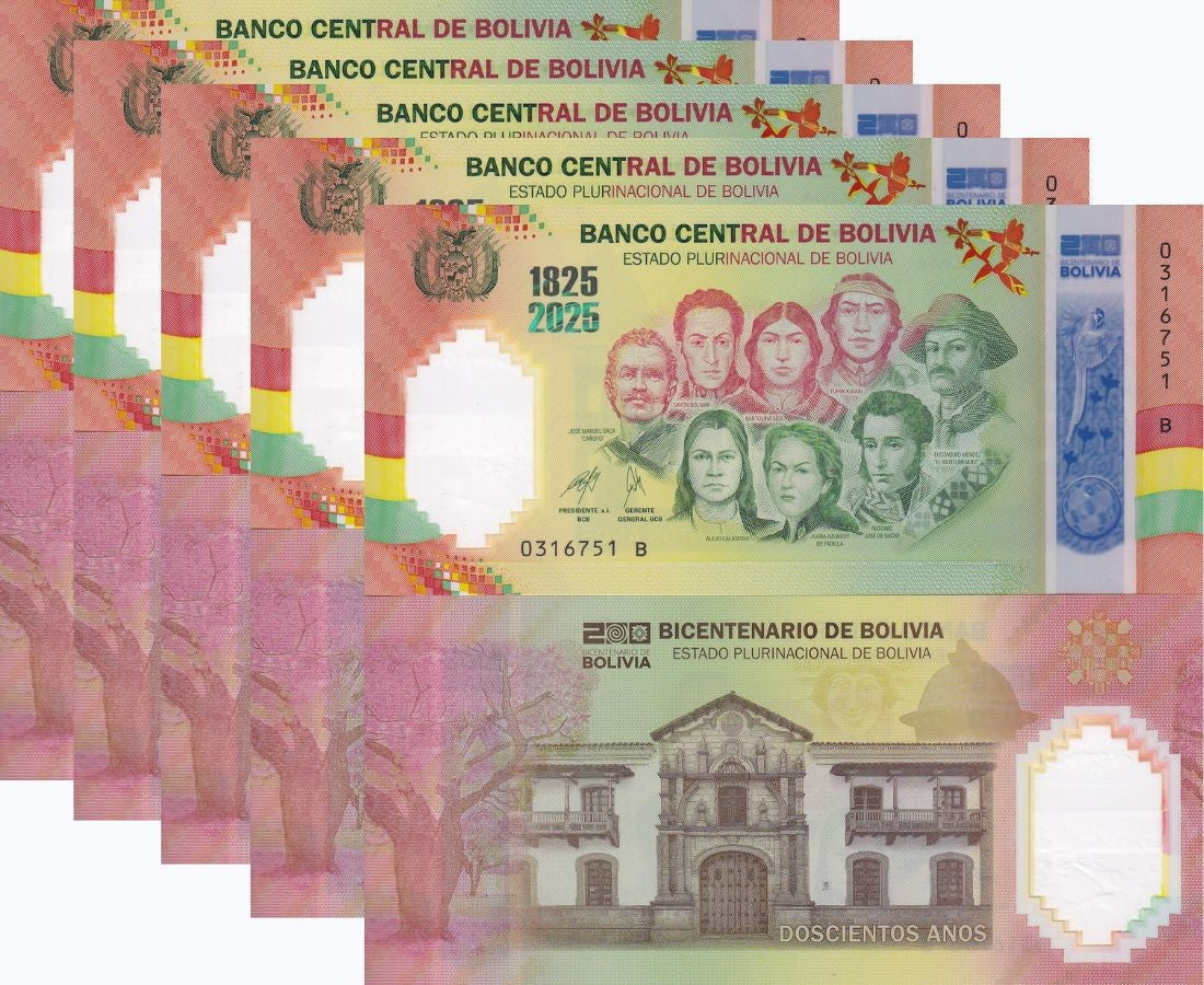 Bolivia 200 Anniversary NEW 2025 Commemorative 1825-2025 Polymer LOT 5 UNC