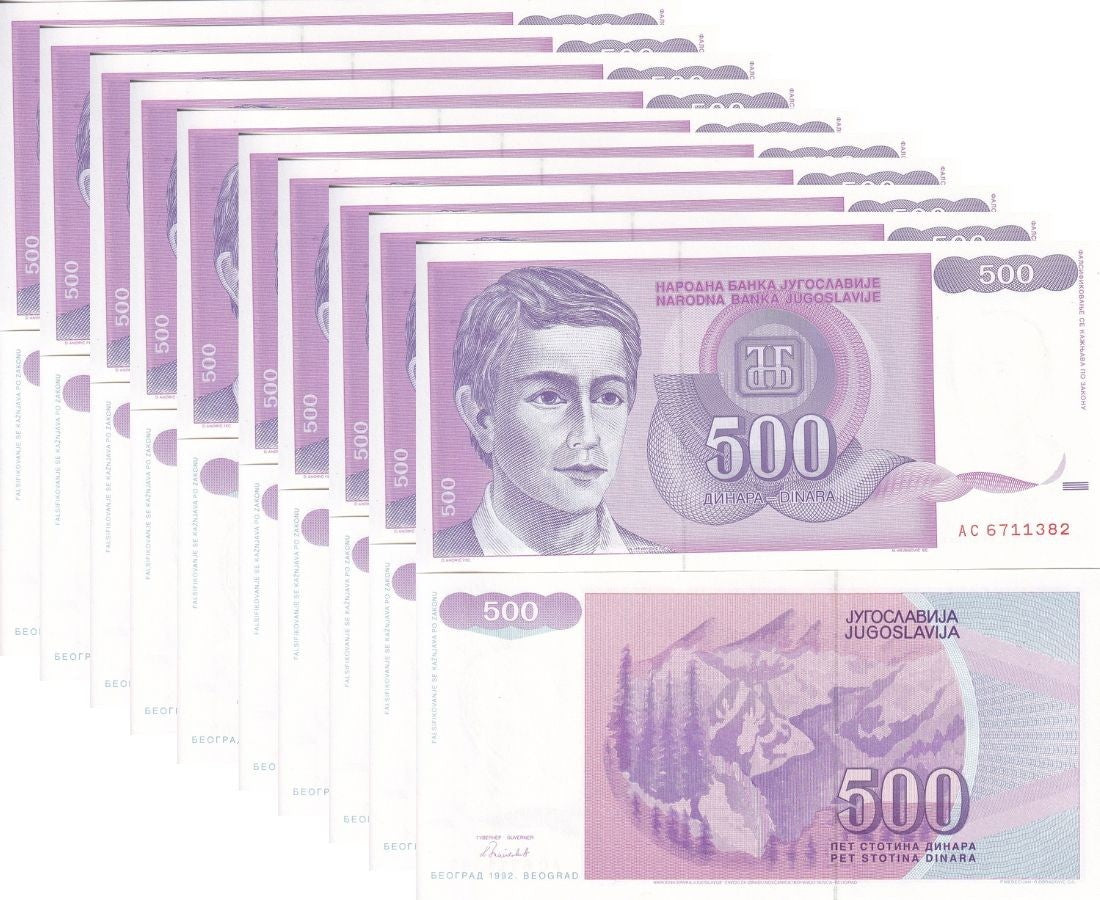 Yugoslavia 500 Dinara 1992 P 113 UNC LOT 10 PCS ,Youth, Mountains Belgrade