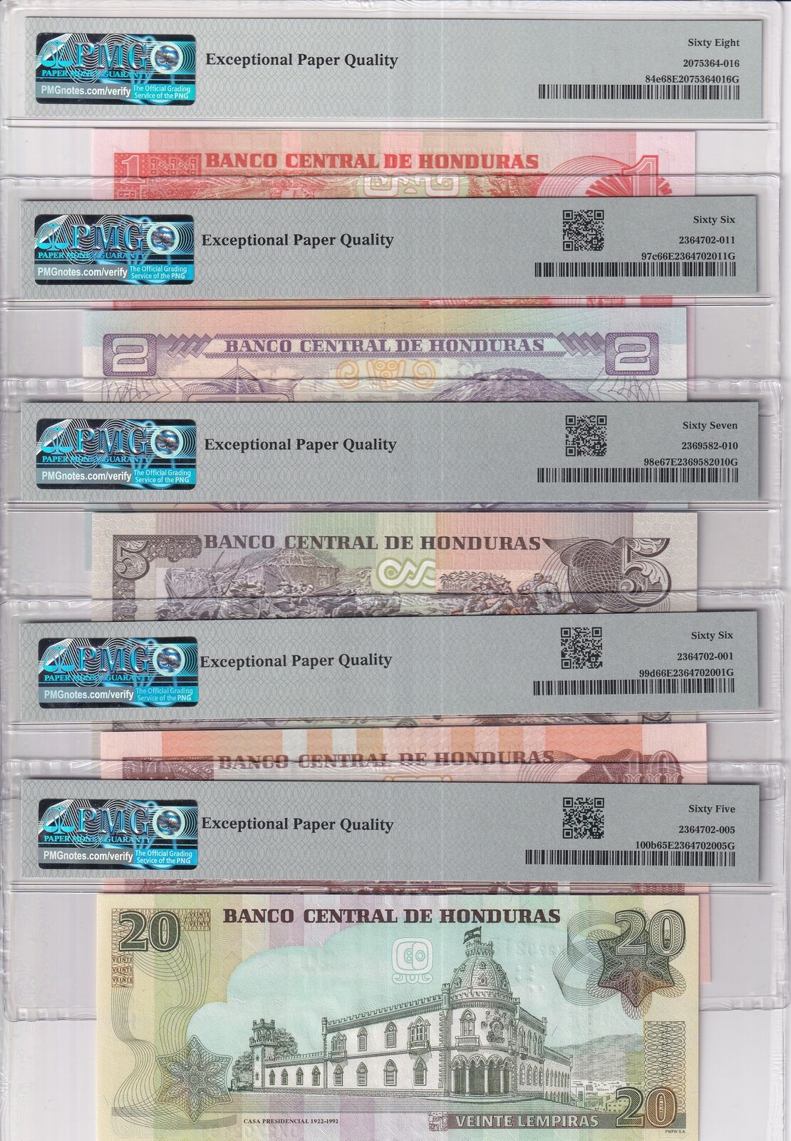 Honduras Set 5 ; 1 2 5 10 20 Lempiras 2006-22 P 84-100 Gem UNC PMG 65 -67 68 EPQ