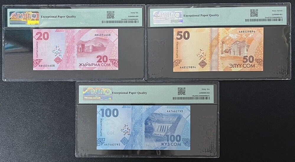 Kyrgyzstan Set 3; 20 50 100 Som 2023 P 34 35 36 Superb Gem UNC PMG 66 67 EPQ