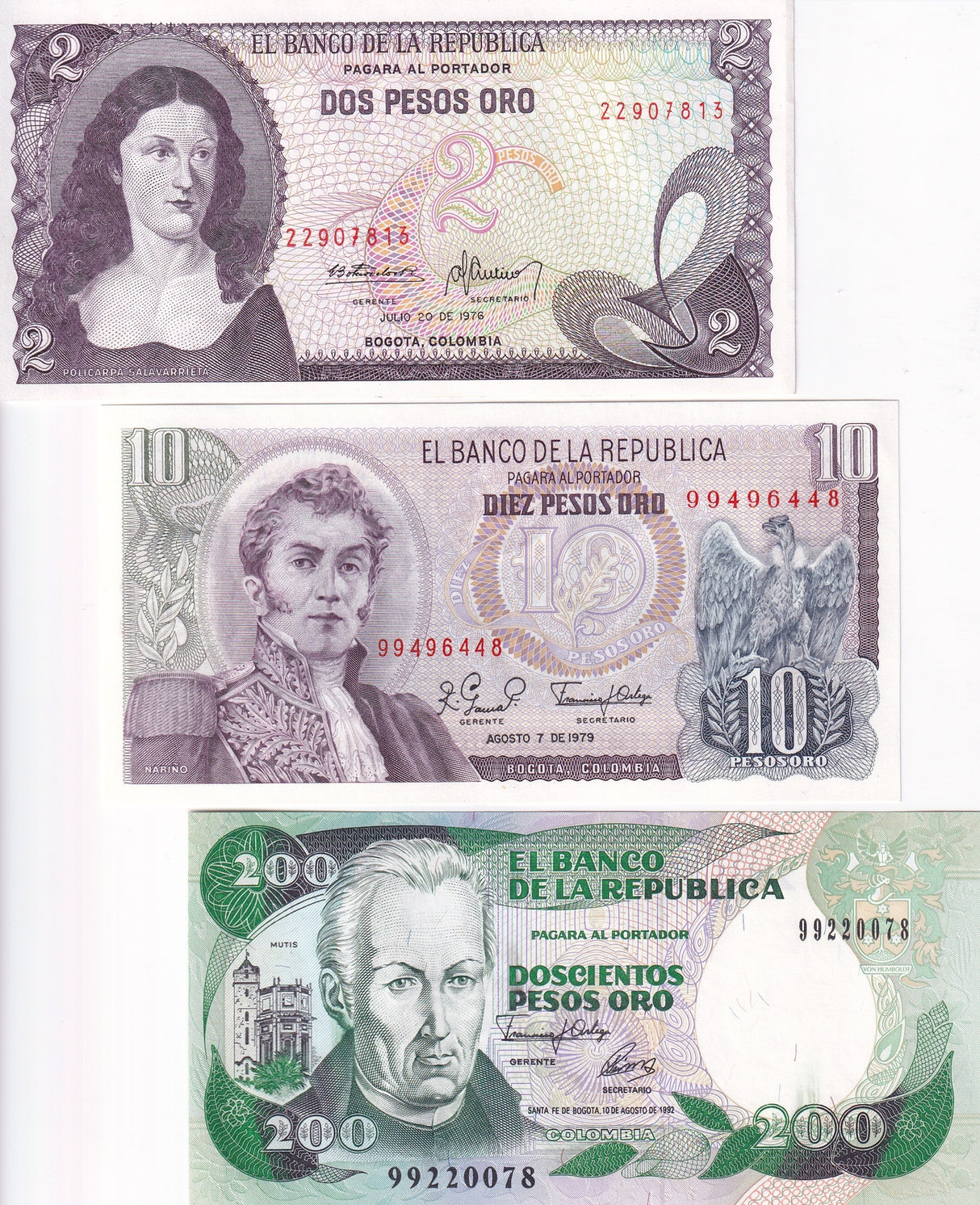 Colombia Set 3 PCS 2 10 200 Pesos Random Year P 407 P 413 P 429A UNC