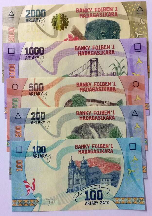 Madagascar Set 5 Pcs 100 200 500 1000 2000 Ariary 2017 P 97 98 99 100 UNC