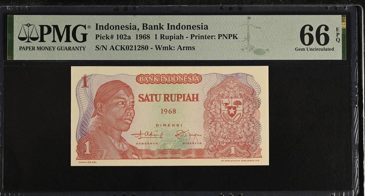 Indonesia 1 Rupiah 1968 P 102 a Gem UNC PMG 66 EPQ