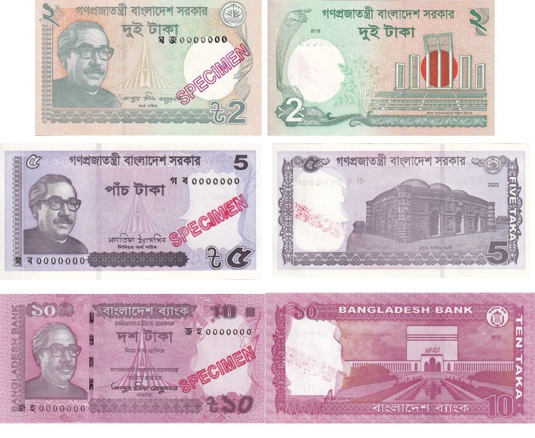 Bangladesh set 3 UNC 2 5 10 Taka 2021 2022 P 52 54 64 SPECIMEN
