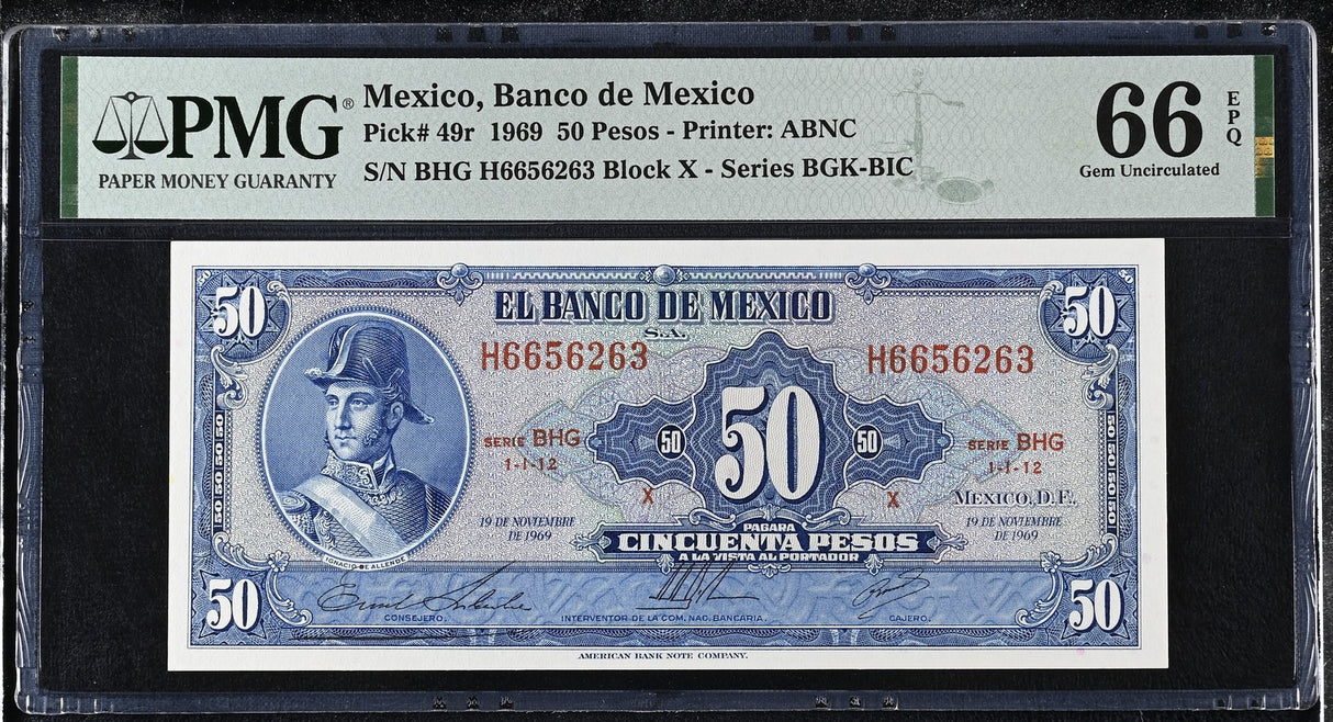 Mexico 50 Pesos 1969 P 49 r Gem UNC PMG 66 EPQ