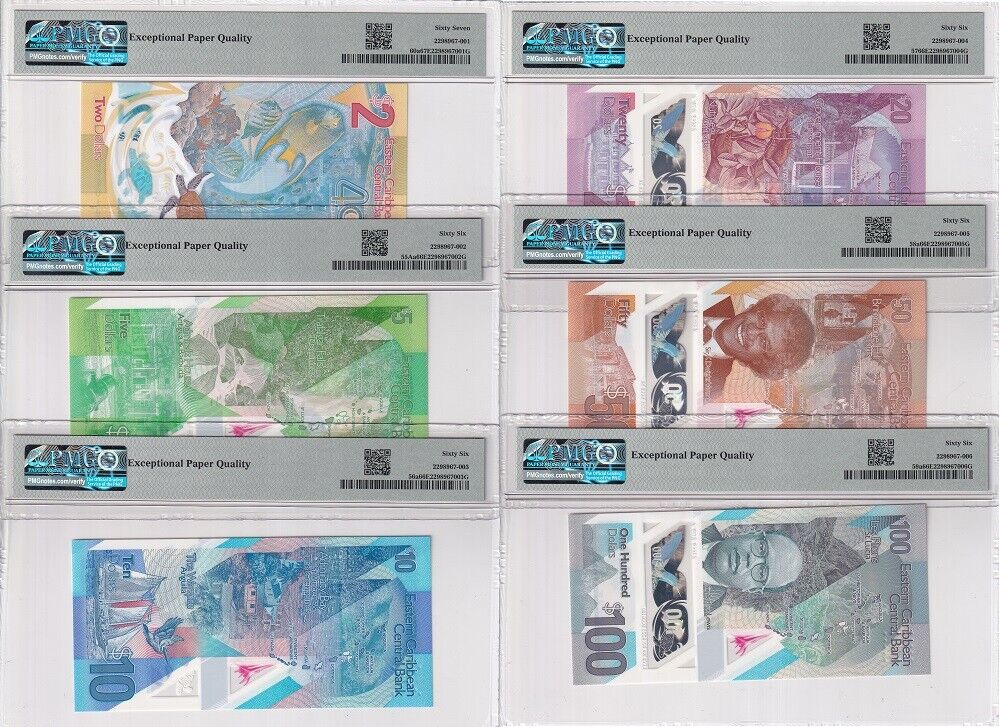 East Caribbean Set 6; 2- 50 100 Dollars ND 2019 P55A-60 Superb UNC PMG 66 67 EPQ