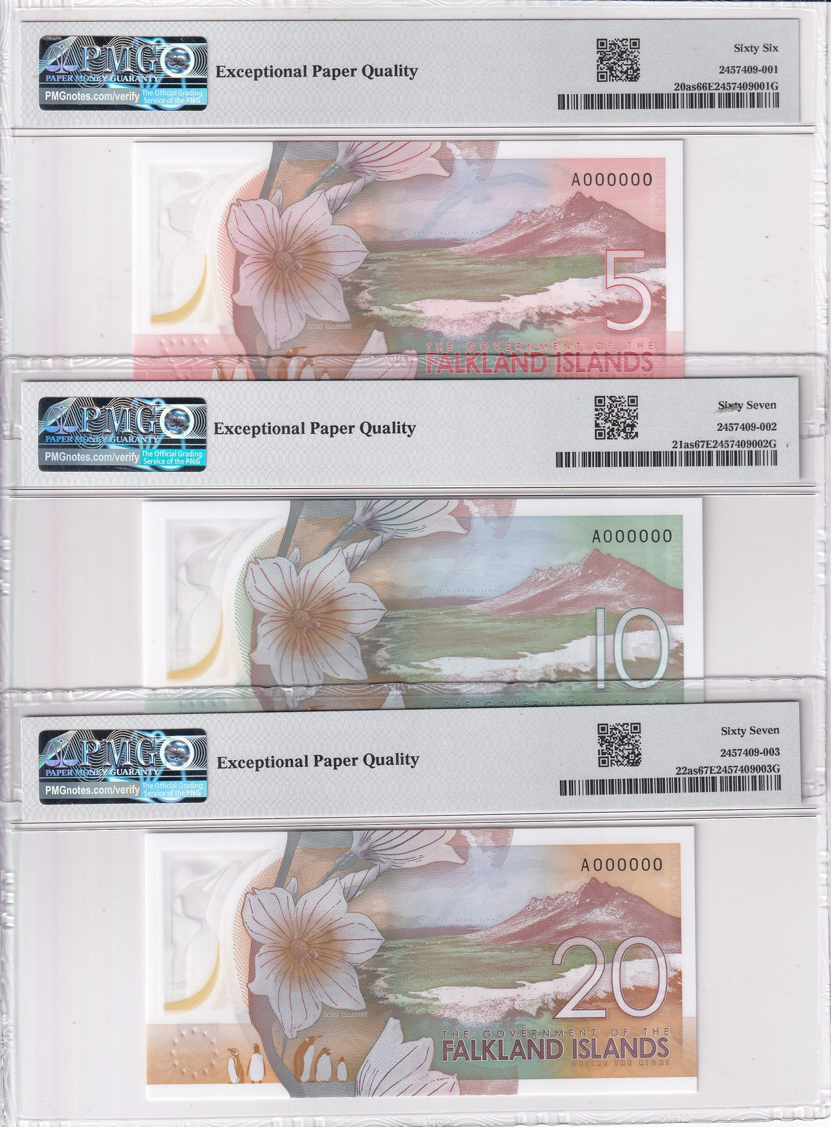 Falkland Islands Set 3; 5 10 20 Pound 2025 P20-22 SPECIMEN Gem UNC PMG 66 67 EPQ