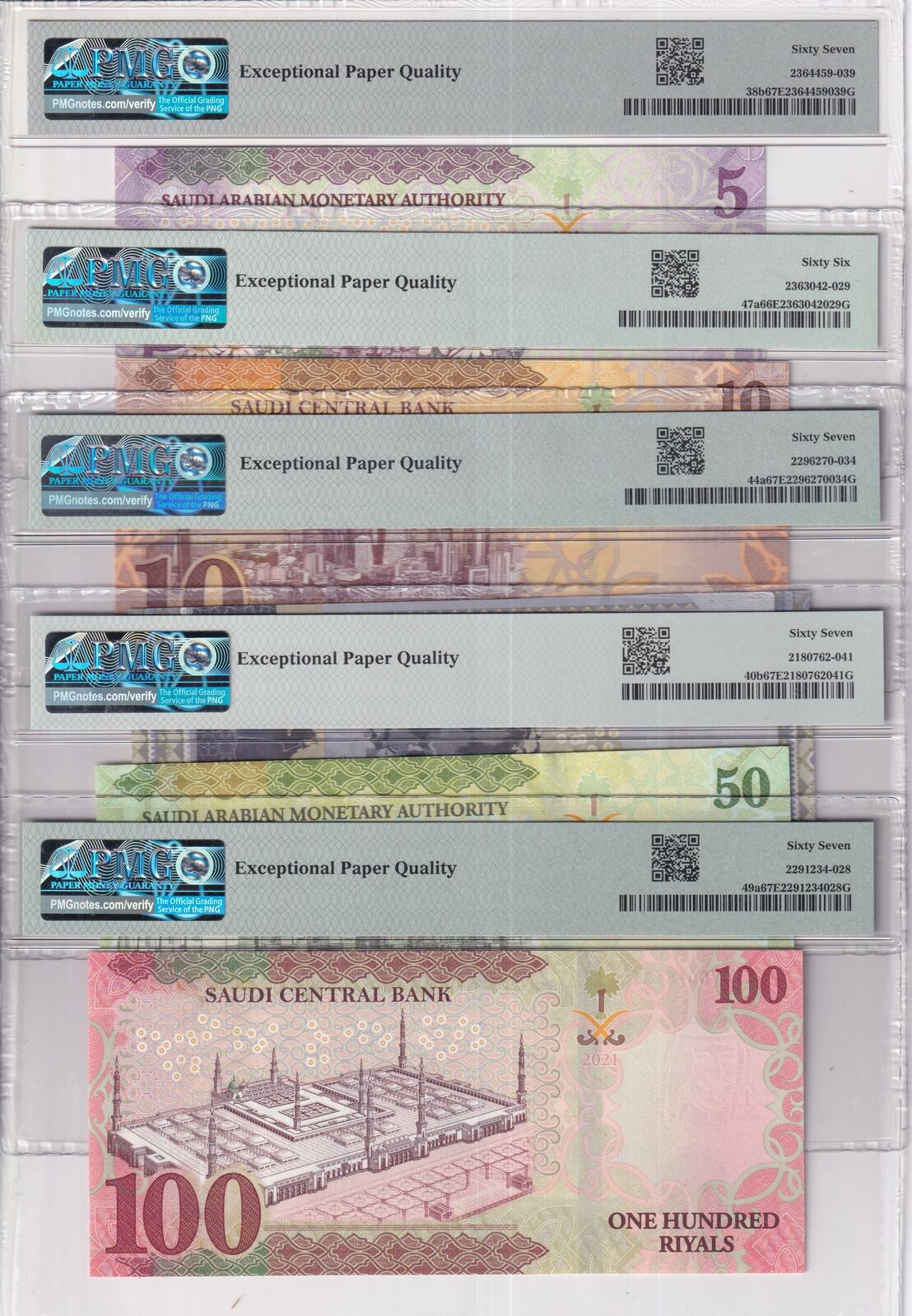 Saudi Arabia Set 5; 5 10 20-100 Riyals 2017-23 P 49 Superb Gem UNC PMG 66 67 EPQ