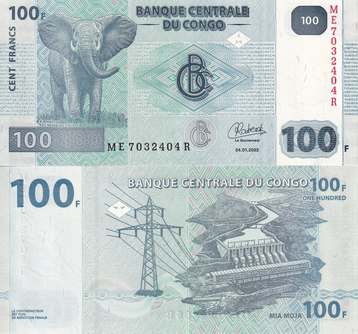 Congo 100 Francs 2022 P 98B New Sign UNC