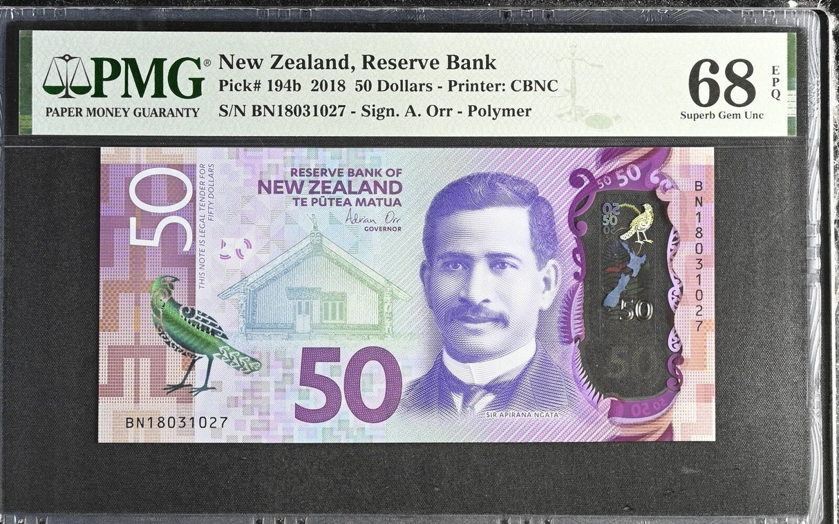 New Zealand 50 Dollars 2018 Polymer P 194 b Superb Gem UNC PMG 68 EPQ TOP POP