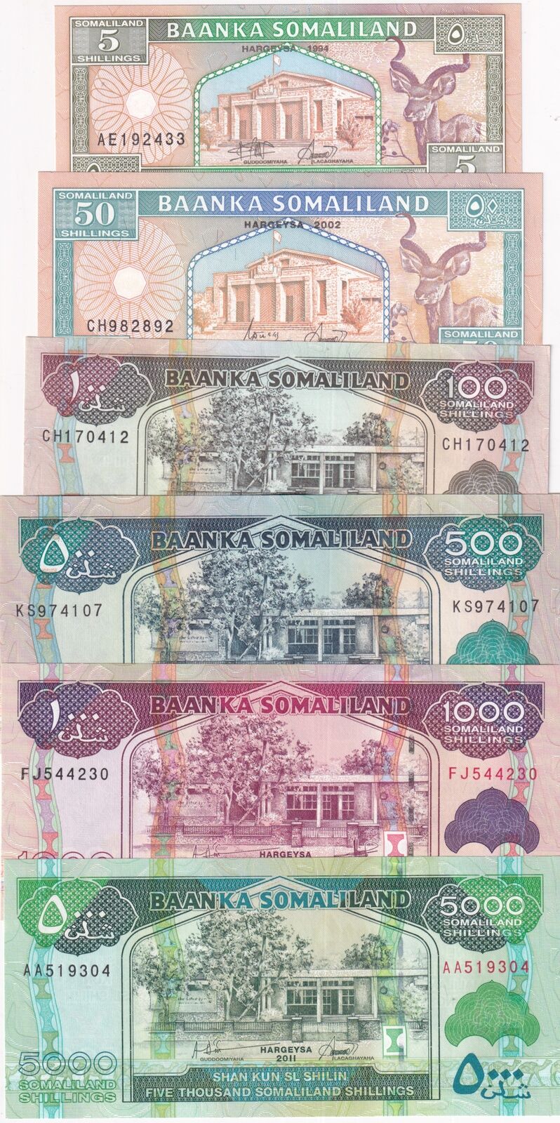 Somaliland Set 6 Pcs 5 50 100 500 1000 5000 Shillings 1994-2015 P 1 5 7-21 UNC