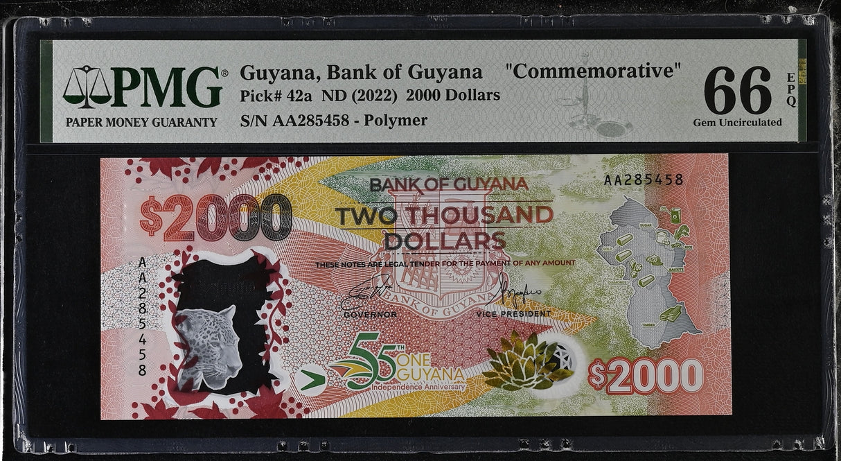 Guyana 2000 Dollars ND 2022 Commemorative P 42 a Polymer Gem UNC PMG 66 EPQ