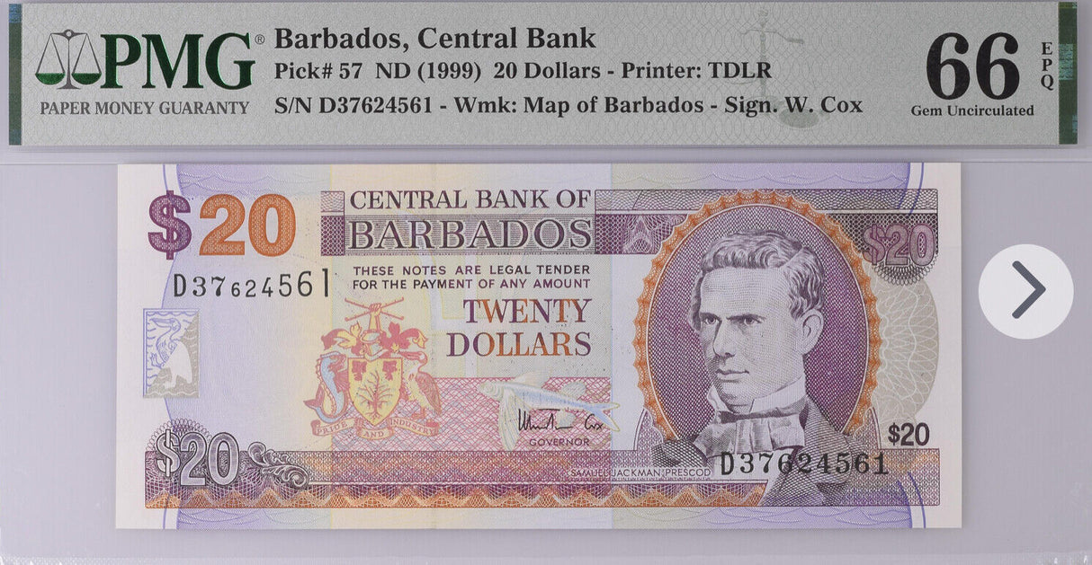 Barbados 20 Dollars ND 1999 P 57 Gem UNC PMG 66 EPQ