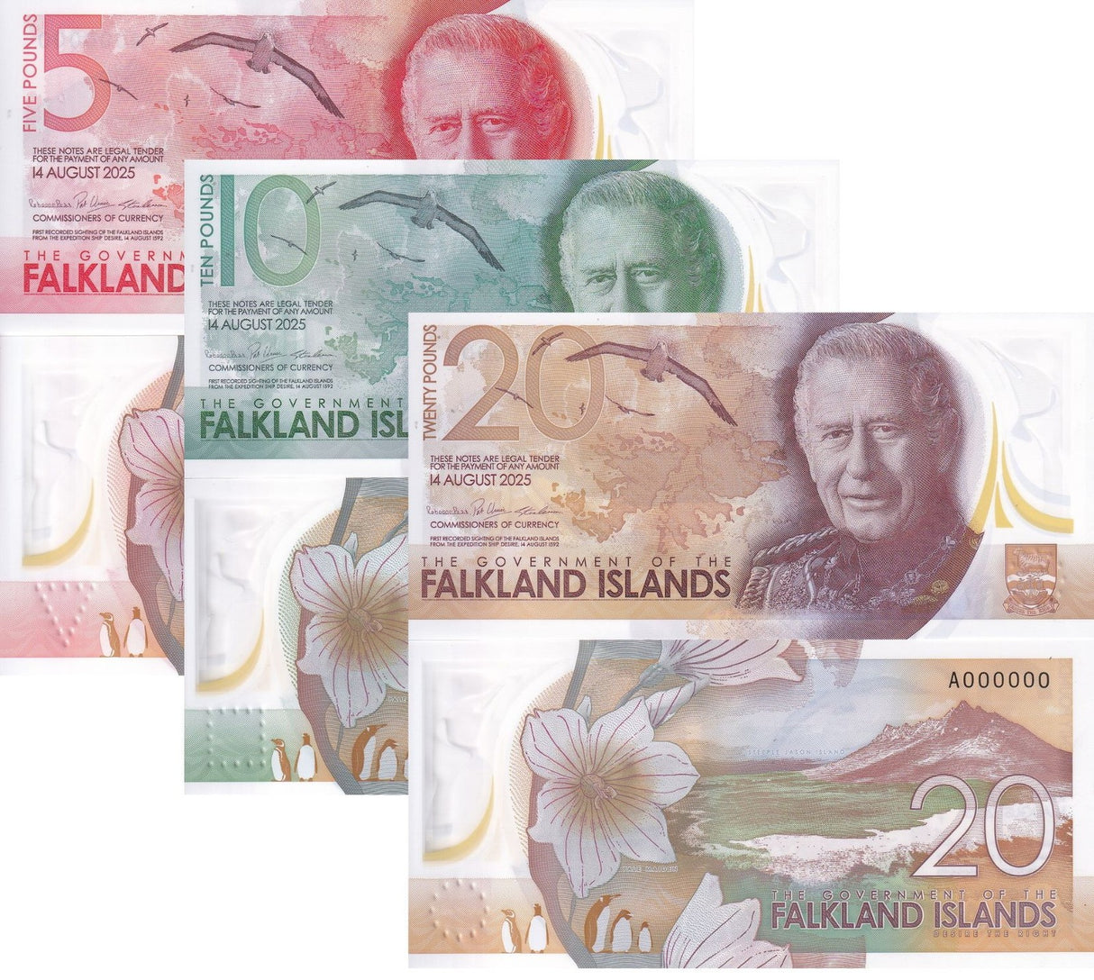 Falkland Islands SPECIMEN set 3 UNC 5 10 20 Pounds 2025 P NEW Polymer K Charles
