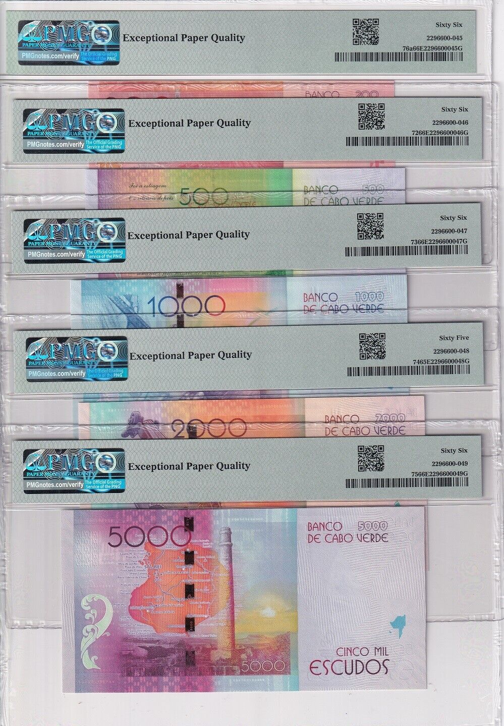 Cape Verde Set 5; 200 500 1000-5000 Escudos 2014 P 72- 76 Gem UNC PMG 65 66 EPQ