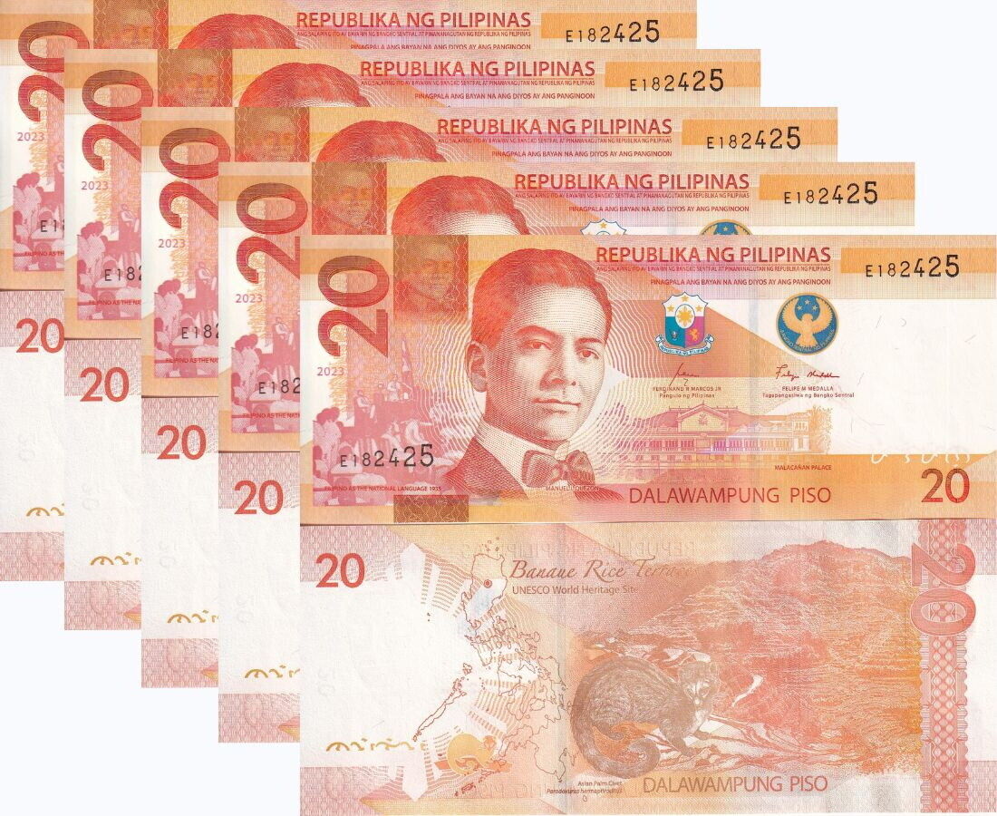 Philippines 20 Pesos 2023 P 230 UNC LOT 5 PCS