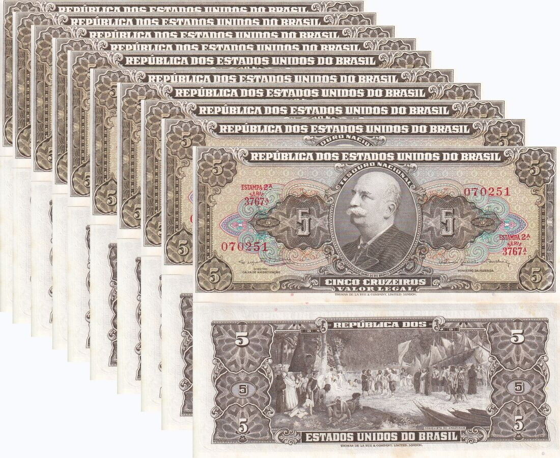 Brazil 5 CRUZEIROS ND 1962-1964 P 176 d UNC Little Yellow Tone LOT 10 PCS