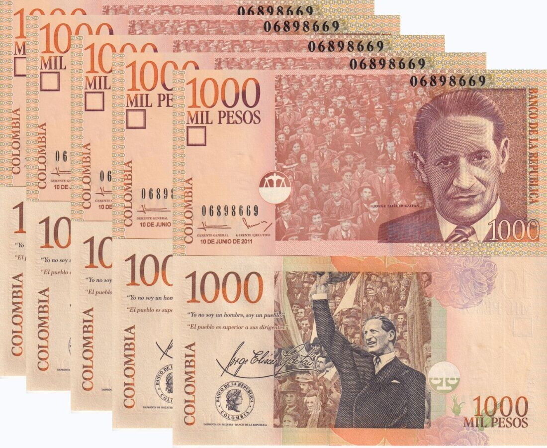 Colombia 1000 Pesos Oro 10-06-2011 P 456 n UNC LOT 5 PCS