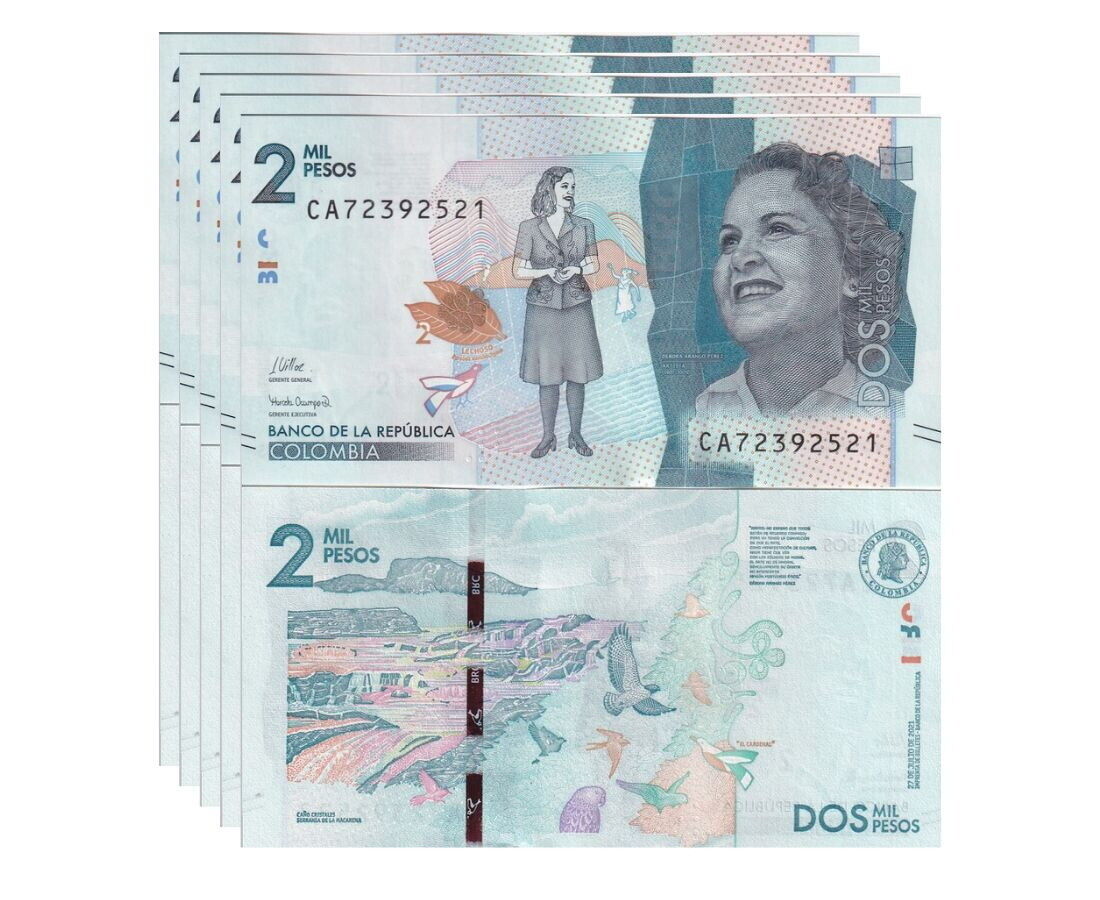 Colombia 2000 Pesos 2021 New Sign P 458 g UNC LOT 5 PCS