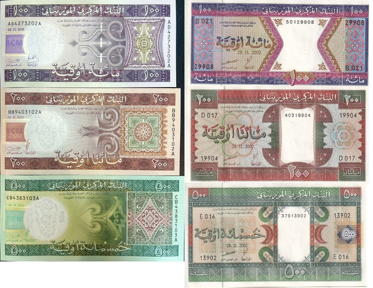 Mauritania SET 6 UNC 100 200 500 Ouguiya 2002-2015 P 4 5 8 16 17 18 UNC