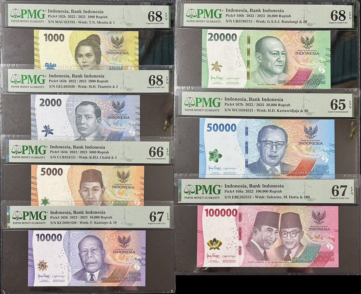 Indonesia Set 7, 1000 -100000 Rupiah P162-168 Superb Gem UNC PMG 65 66 67 68 EPQ