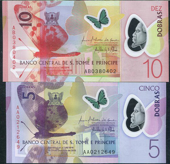 St. Thomas & Prince Set 2 UNC 5 10 Dobras 2016 P 70 71 Sao Tome Polymer
