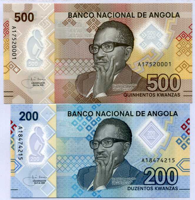 Angola Set 2 Pcs 200 500 Kwanzas 2020 P 160 161 Polymer UNC