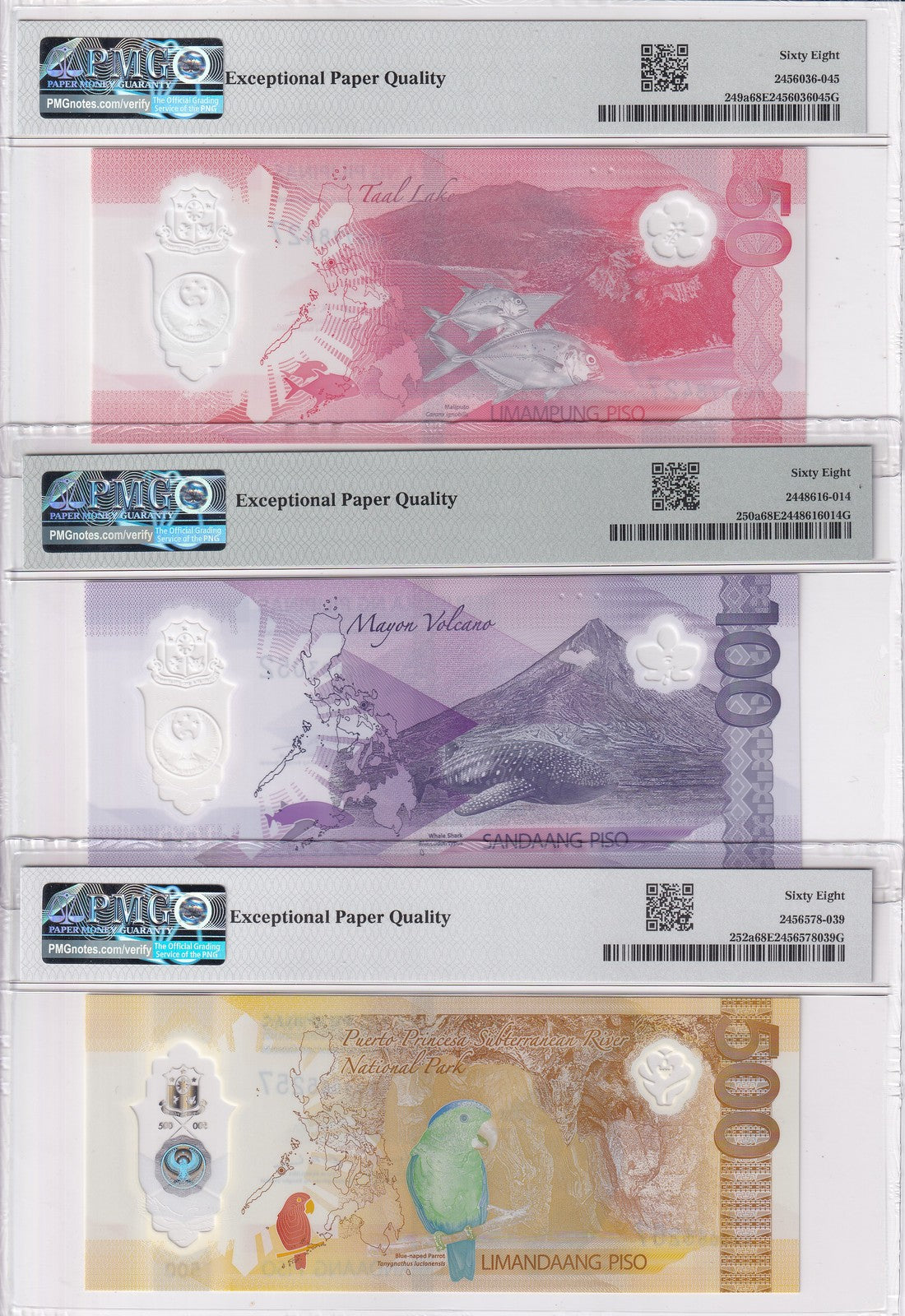 Philippines Set 3; 50 100 500 Piso 2025 P 249 250 252 Superb Gem UNC PMG 68 EPQ