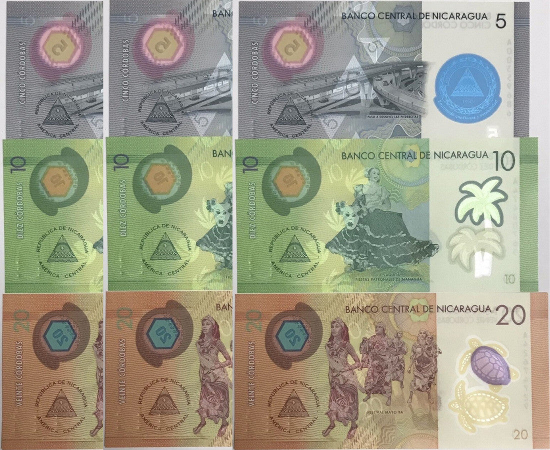 Nicaragua Set 3 UNC 5 10 20 Random Date P 209 210 219 Polymer LOT 3 Sets 9 Pcs