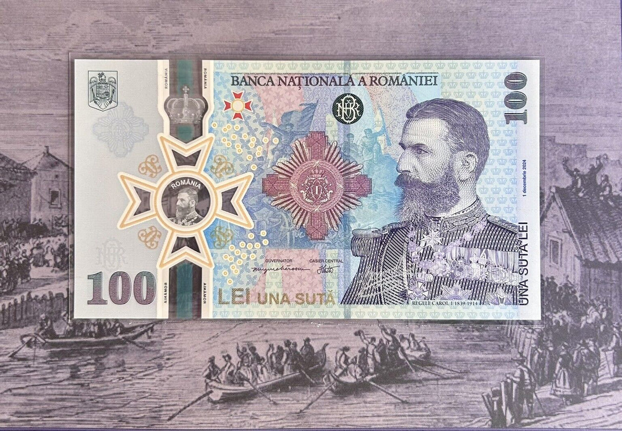 Romania 100 Lei 2024 Comm. 185th Birth of King Carol P 127 Polymer UNC w/Folder