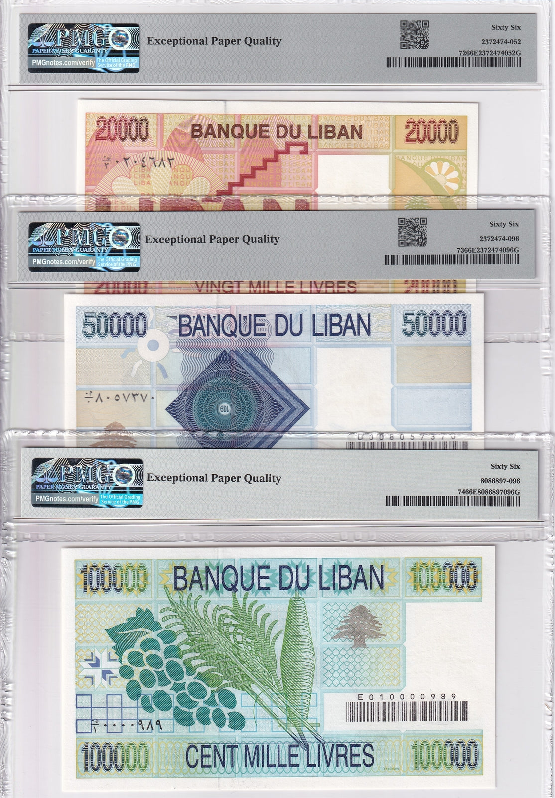 Lebanon Set 3; 20000 50000 100000 Livres 1995 P 72 73 74 Gem UNC PMG 66 EPQ
