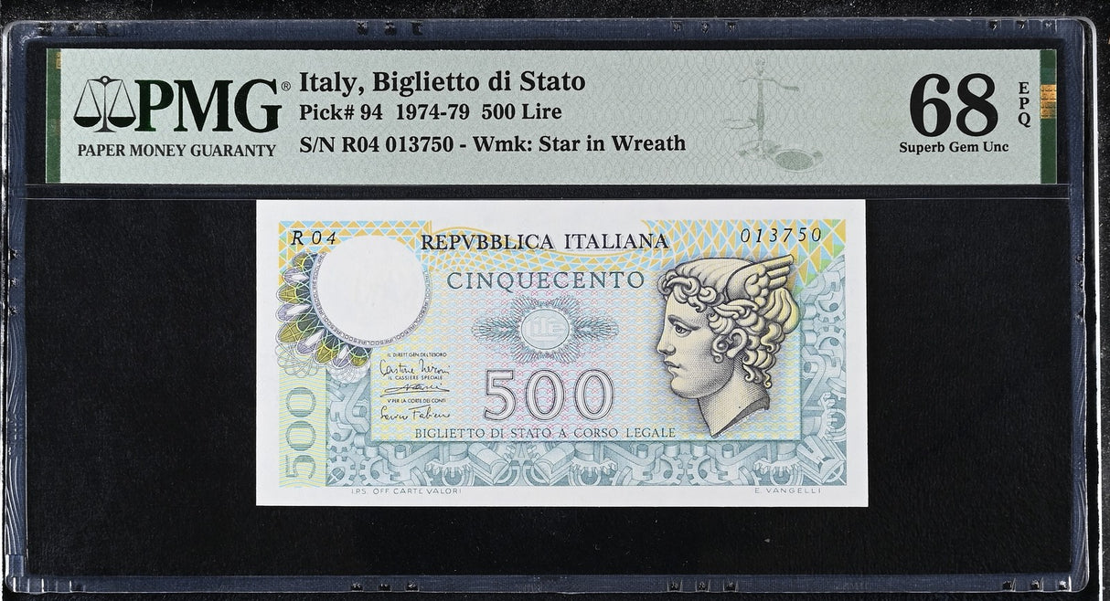 Italy 500 Lire 1974-1979 P 94 Superb Gem UNC PMG 68 EPQ TOP POP