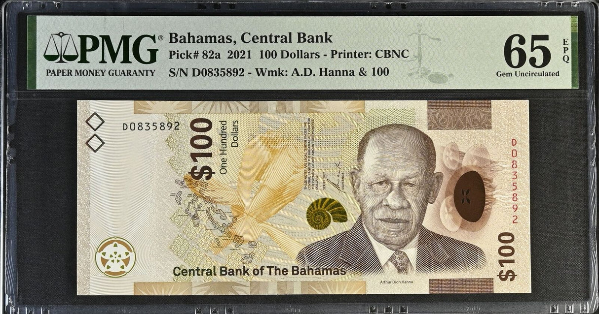 Bahamas 100 Dollars 2021 P 82 a Gem UNC PMG 65 EPQ