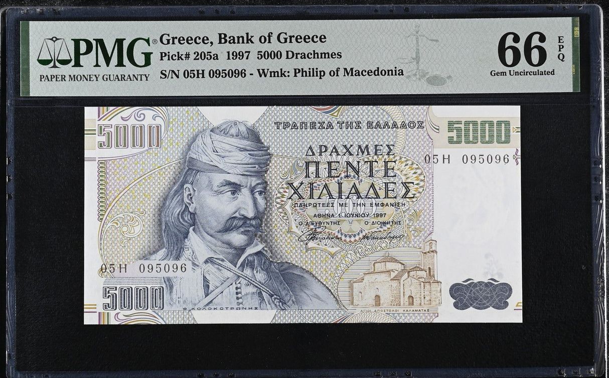 Greece 5000 Drachmes 1997 P 205 a Gem UNC PMG 66 EPQ
