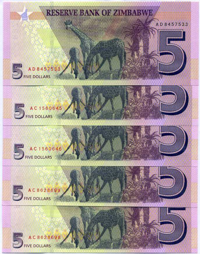 Zimbabwe 5 Dollars 2019 P 102 UNC LOT 5 PCS
