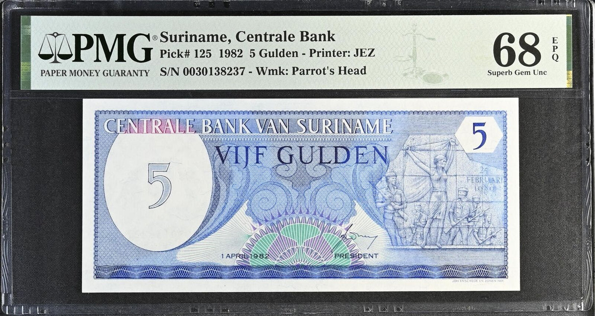 SURINAME 5 GULDEN 1982 P 125 SUPERB GEM UNC PMG 68 EPQ TOP POP
